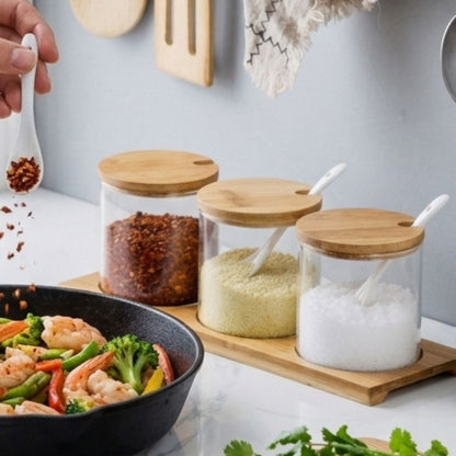 3 Piece Clear Glass Seasoning & Spice Jar Set With Bamboo Lid