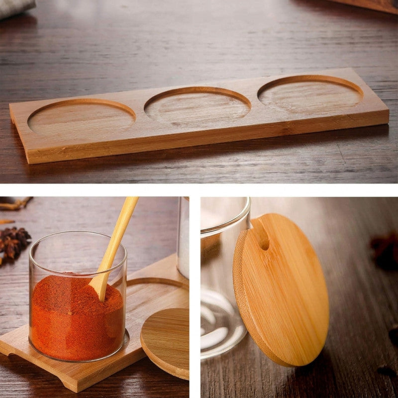 3 Piece Clear Glass Seasoning & Spice Jar Set With Bamboo Lid