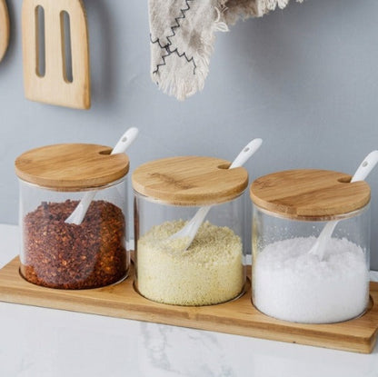 3 Piece Clear Glass Seasoning & Spice Jar Set With Bamboo Lid