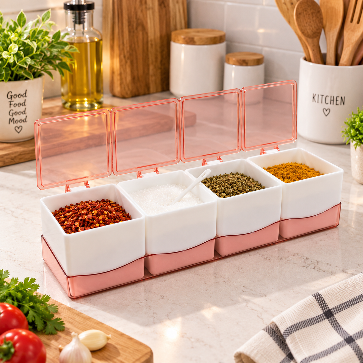 4-Compartment Food Storage Box – Spice, Masala & Dry Ingredient Organizer