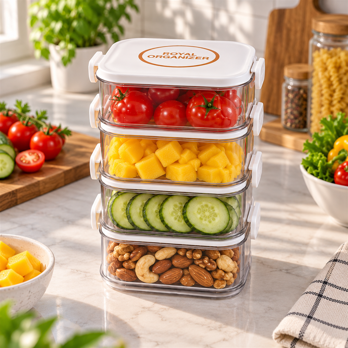 4-Tier Stackable Kitchen Storage Box – Clear Multipurpose Food Organizer