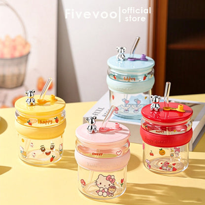 400ML Cute Character Glass Sipper – Reusable Water Cup with Straw