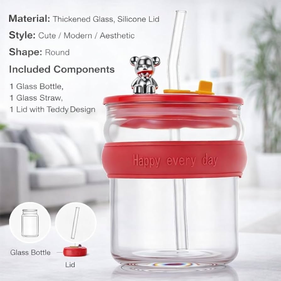 400ML Cute Character Glass Sipper – Reusable Water Cup with Straw