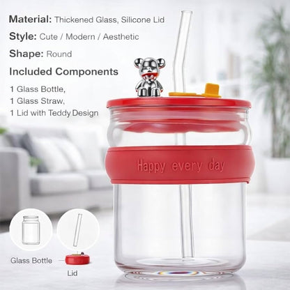 400ML Cute Character Glass Sipper – Reusable Water Cup with Straw