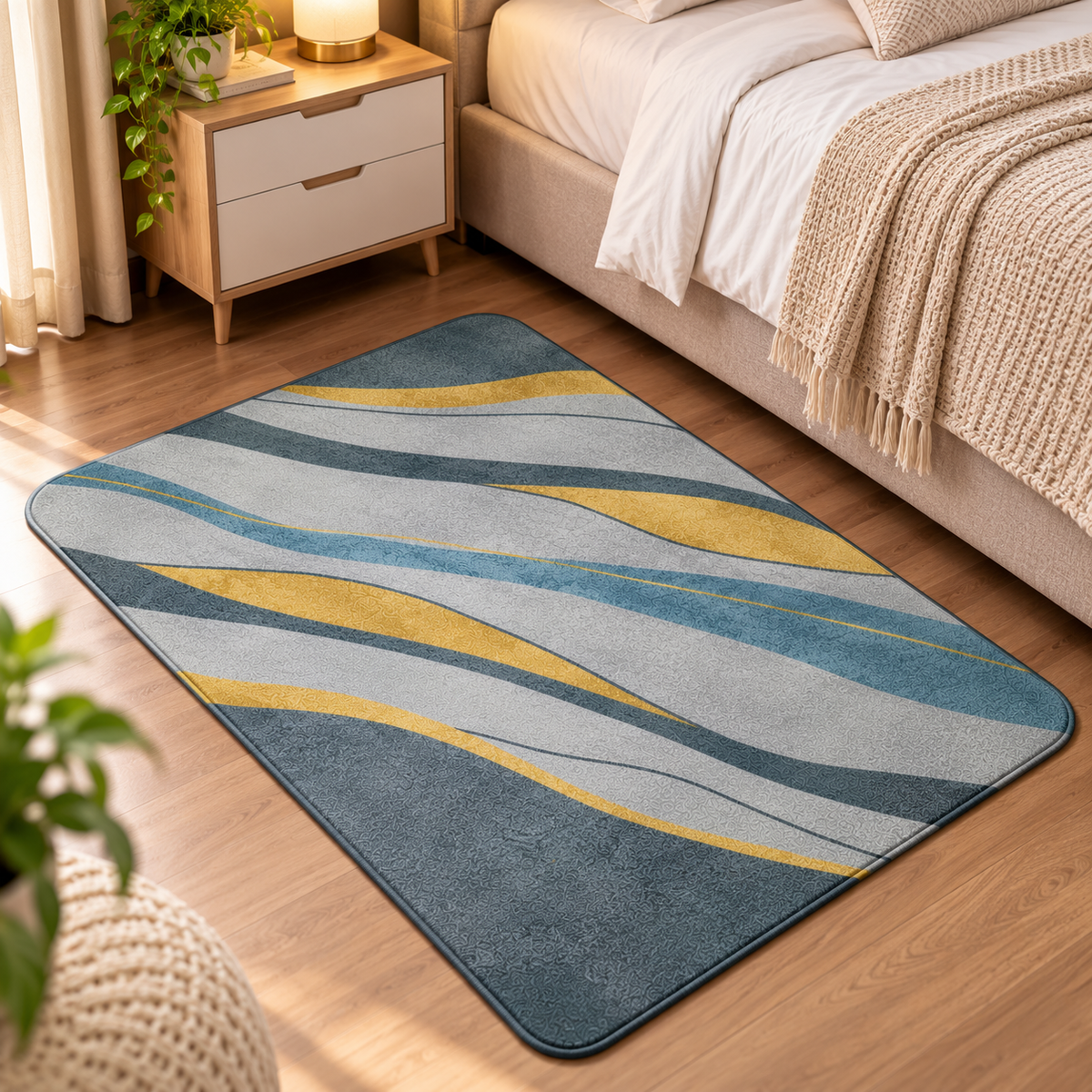 Grey & Yellow Striped Floor Mat Modern Decorative Rug (22x15Inch)