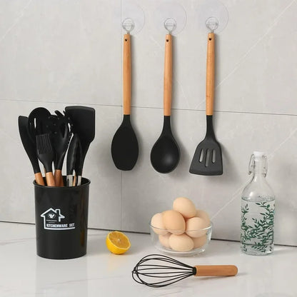 12 Pcs Silicone Wooden Handle Kitchen Cooking Utensil Set