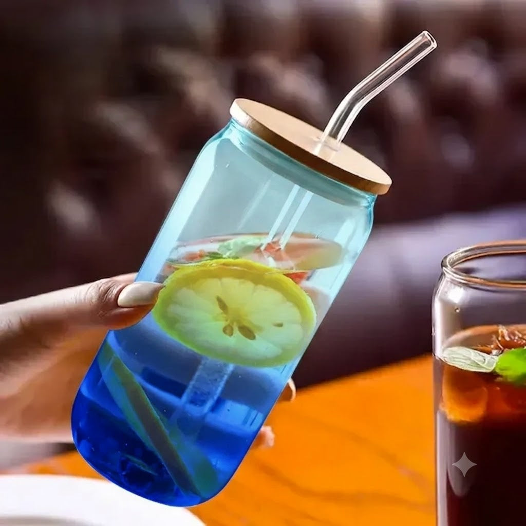Premium Glass Tumbler With Bamboo Lid & Glass Straw (Random Color)