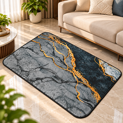 Abstract Marble Floor Mat Elegant Grey & Gold Design (22x15Inch)