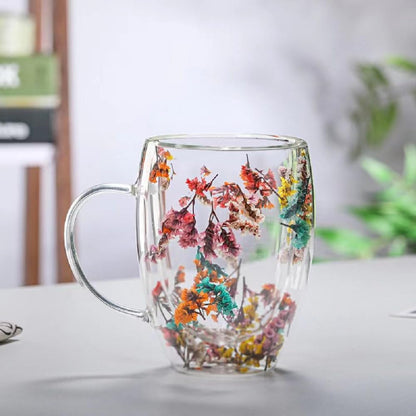 Dried Flower Double Wall Glass Mug Stylish Transparent Beverage Cup