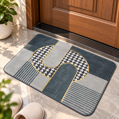 Geometric Printed Floor Mat Grey Black & Gold Design (22x15Inch)
