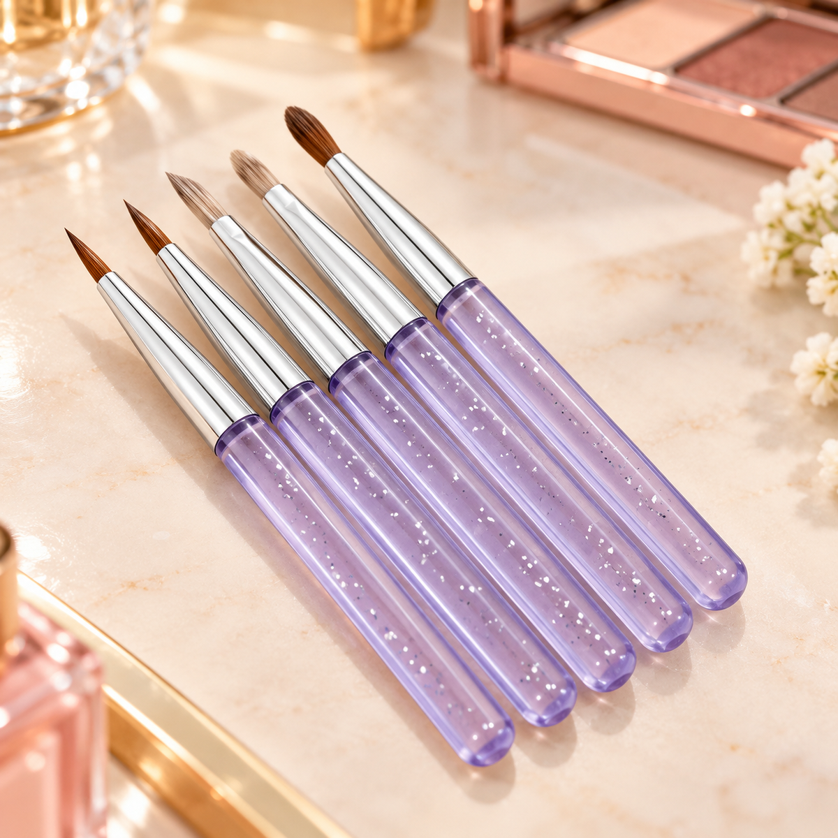 5Pcs Mini Fine Tip Makeup Brushes Purple Sparkle Handle Set