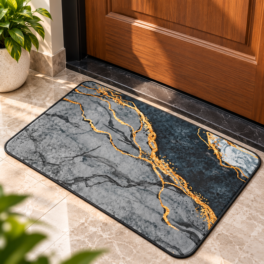 Abstract Marble Floor Mat Elegant Grey & Gold Design (22x15Inch)