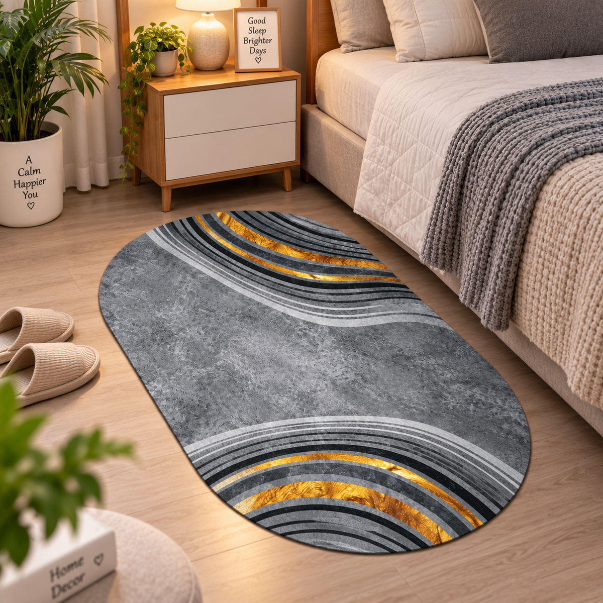 Modern Grey & Gold Floor Mat – Decorative Wave Pattern for Elegant Interiors