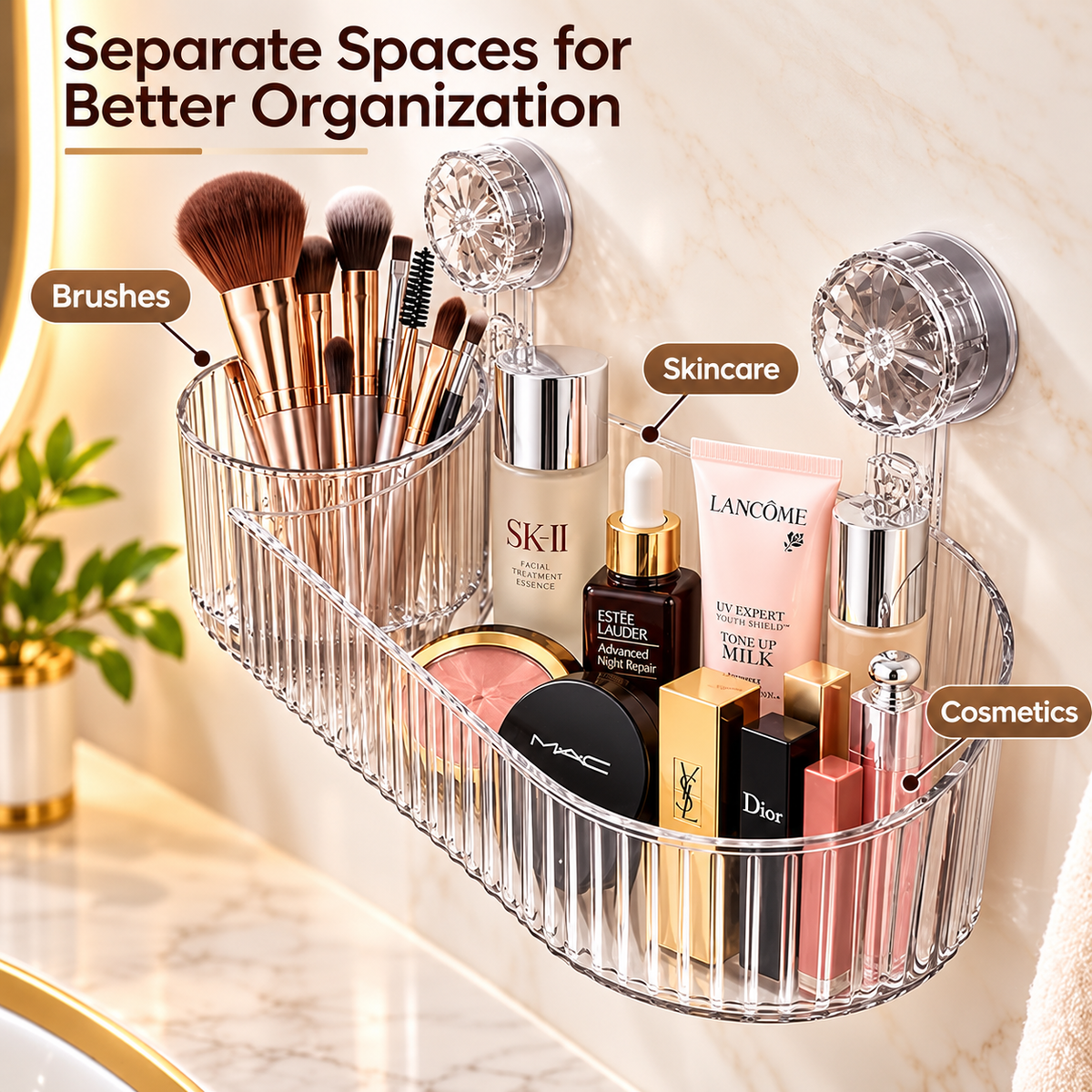 Wall Mounted Cosmetic Storage Basket No Drill Suction Cup Organizer