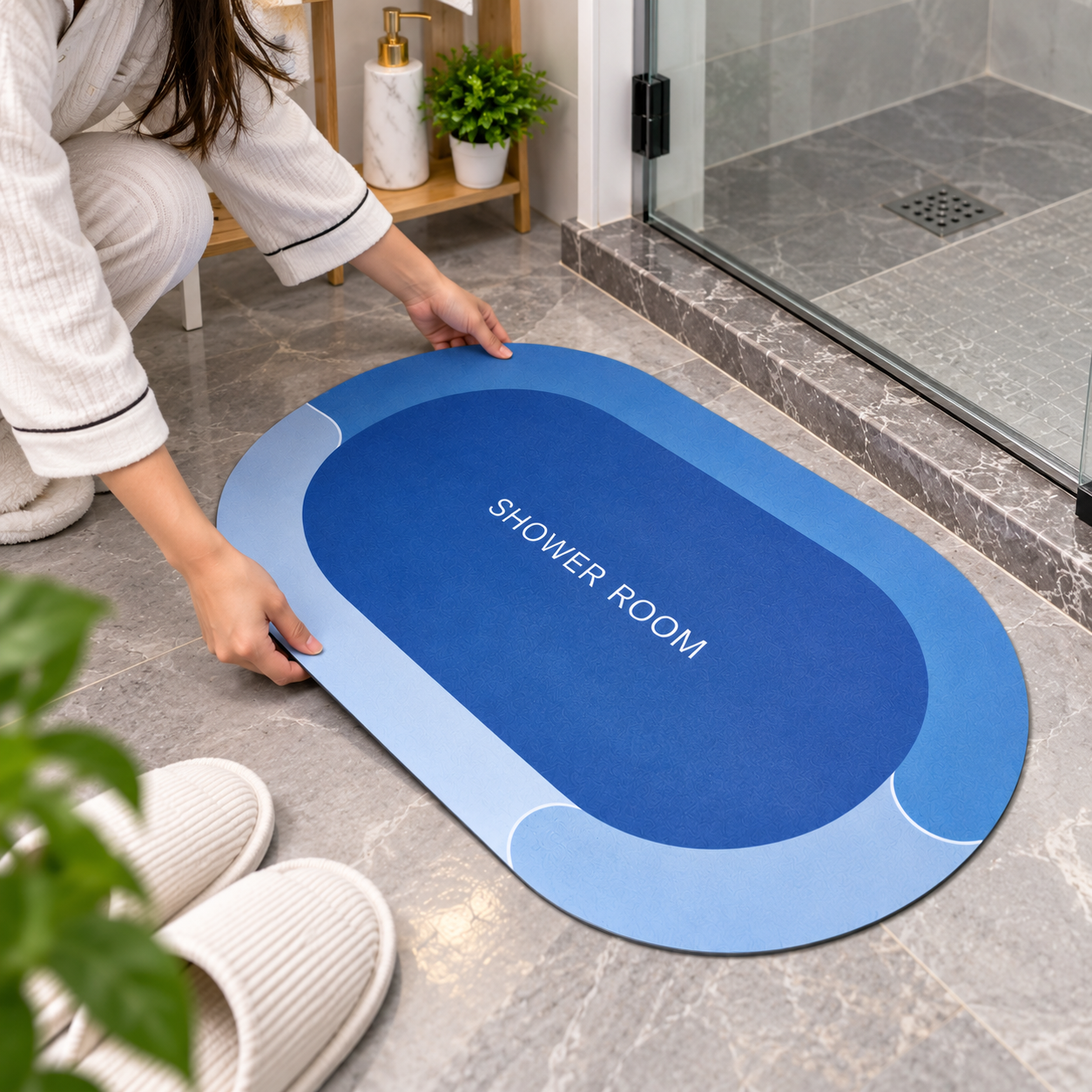 Blue Shower Room Floor Mat Stylish Non Slip For Bathroom (22x15Inch)