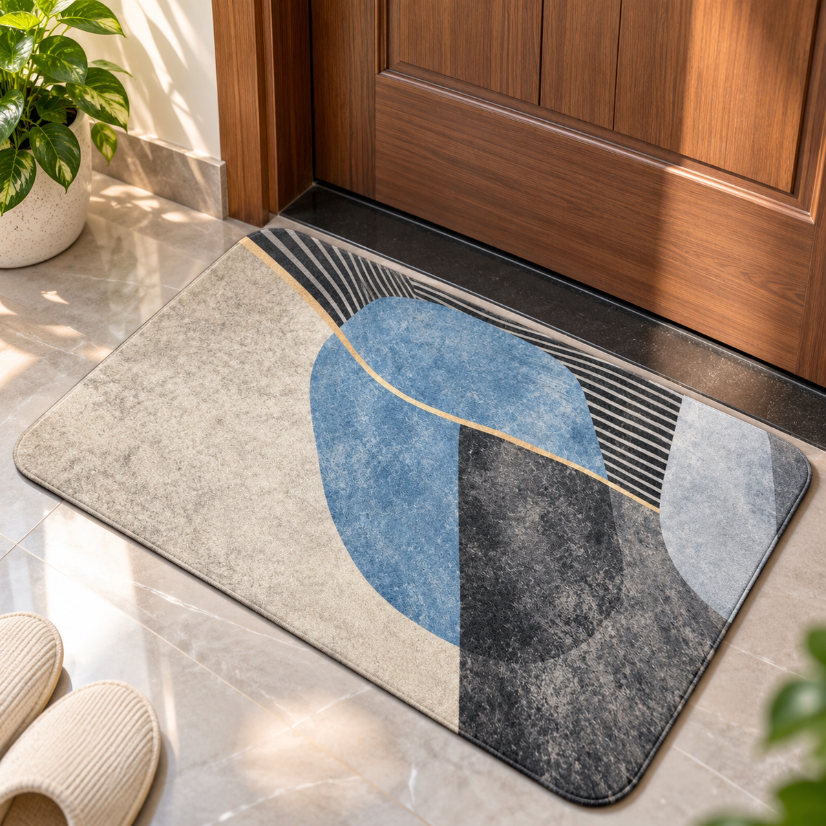 Abstract Geometric Floor Mat Blue Grey & Beige Design (22x15Inch)