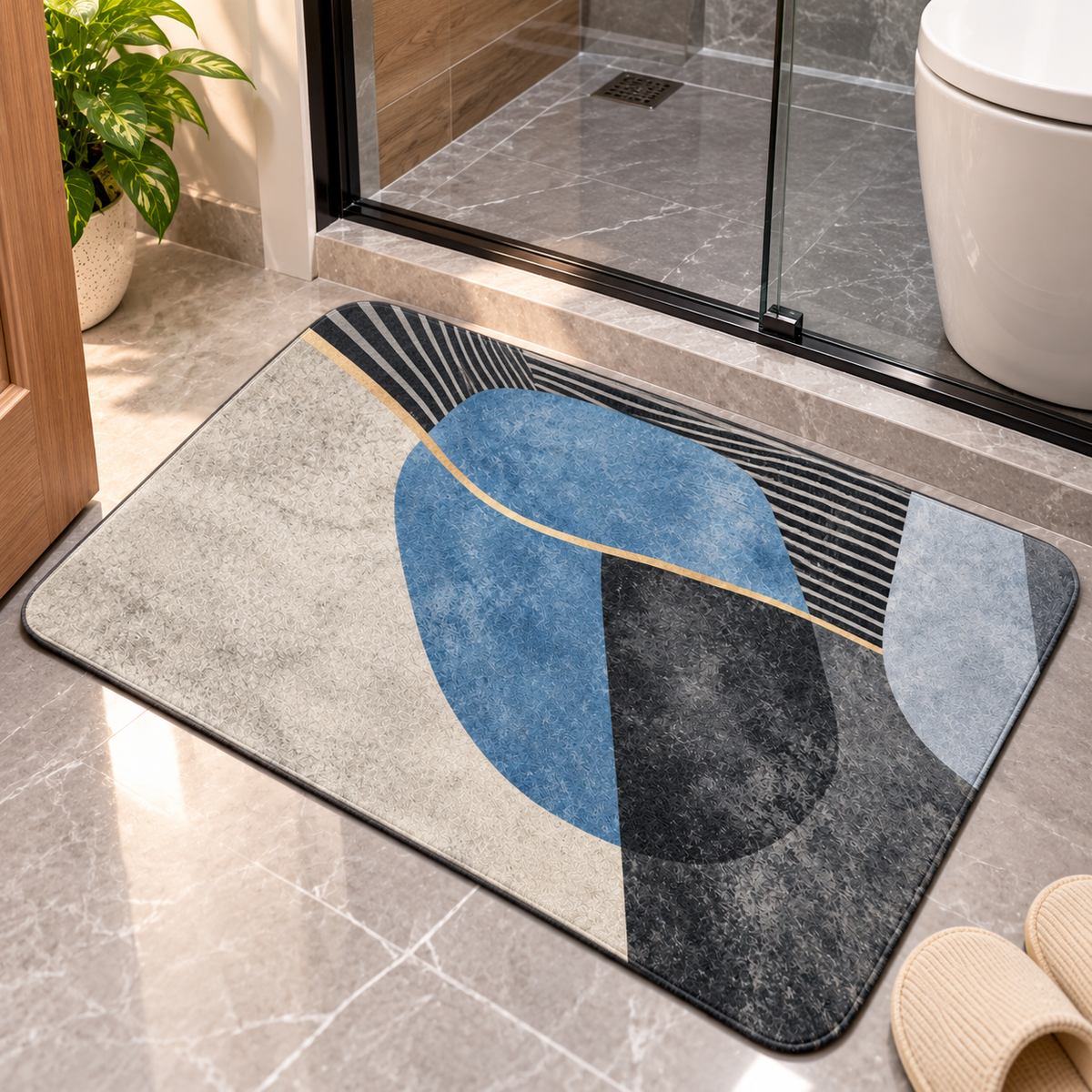 Abstract Geometric Floor Mat Blue Grey & Beige Design (22x15Inch)