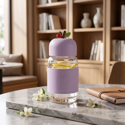 Aesthetic Apple Design Water Bottle – 400ML Borosilicate Glass Bottle
