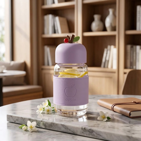 Aesthetic Apple Design Water Bottle – 400ML Borosilicate Glass Bottle