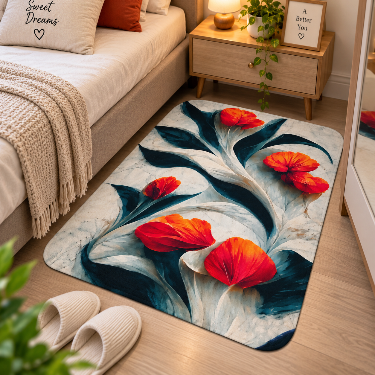 Beautiful Orange Flower Floor Mat – Stylish Botanical Design for Home Interiors