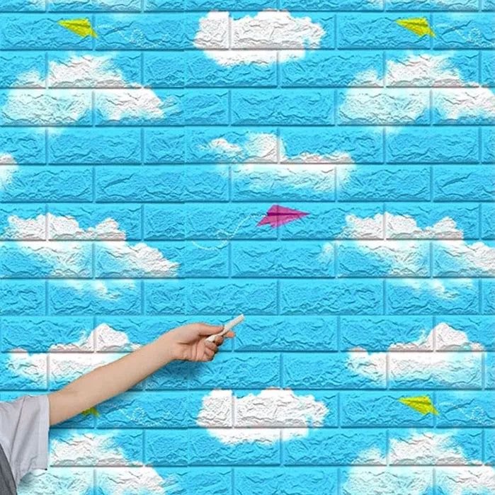 Blue Cloud Print Wall Sticker – Brick Pattern Room Decor