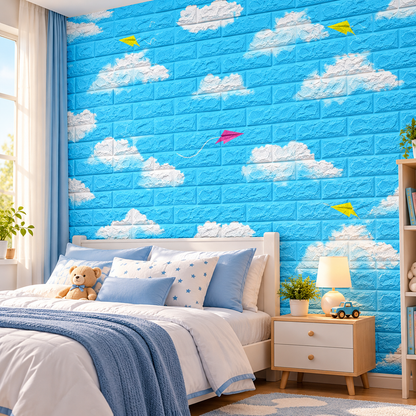 Blue Cloud Print Wall Sticker – Brick Pattern Room Decor