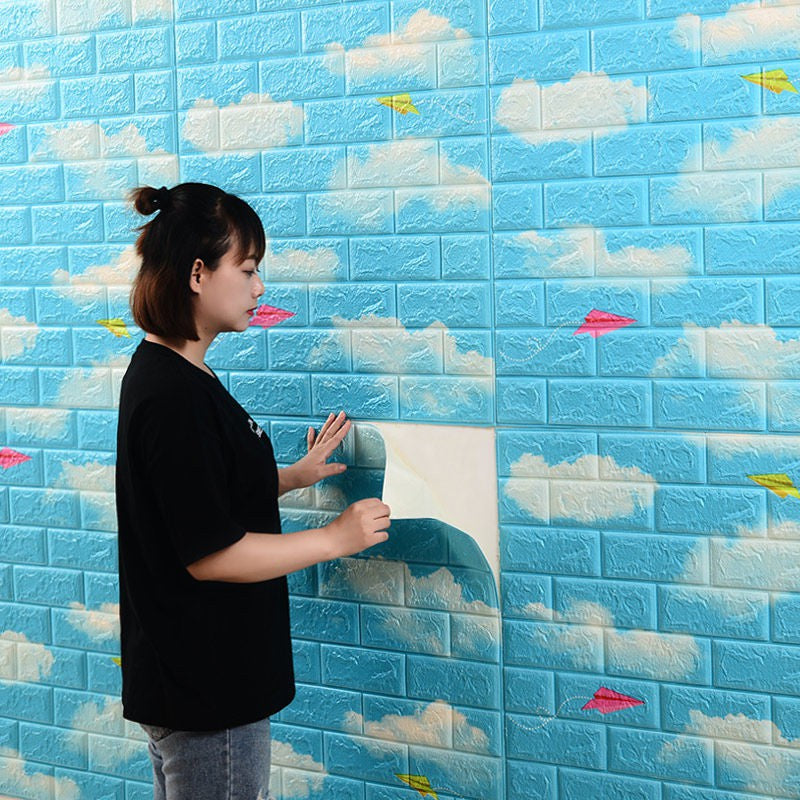 Blue Cloud Print Wall Sticker – Brick Pattern Room Decor