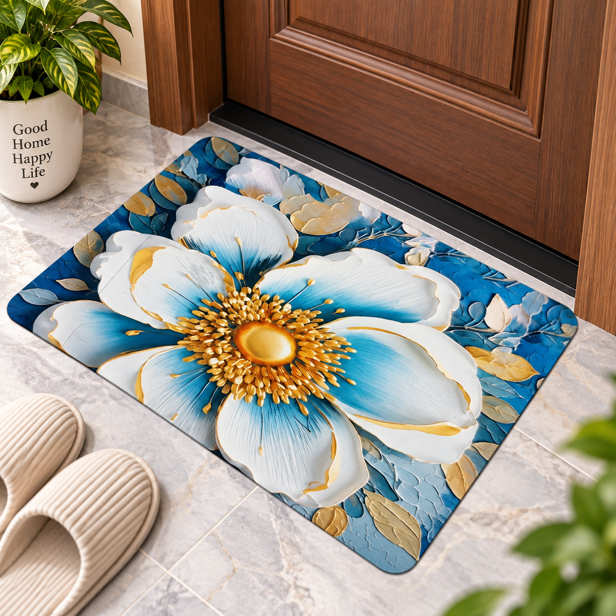 Blue Floral Bathroom Mat – Stylish Printed Floor Mat for Modern Home Decor