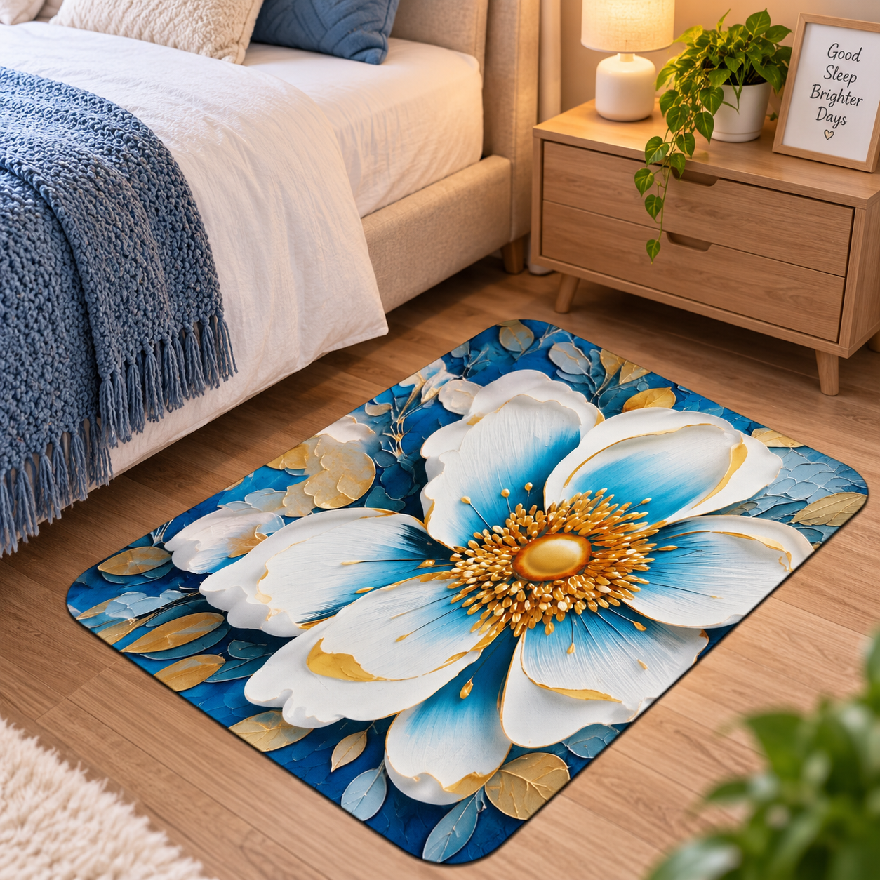Blue Floral Bathroom Mat – Stylish Printed Floor Mat for Modern Home Decor