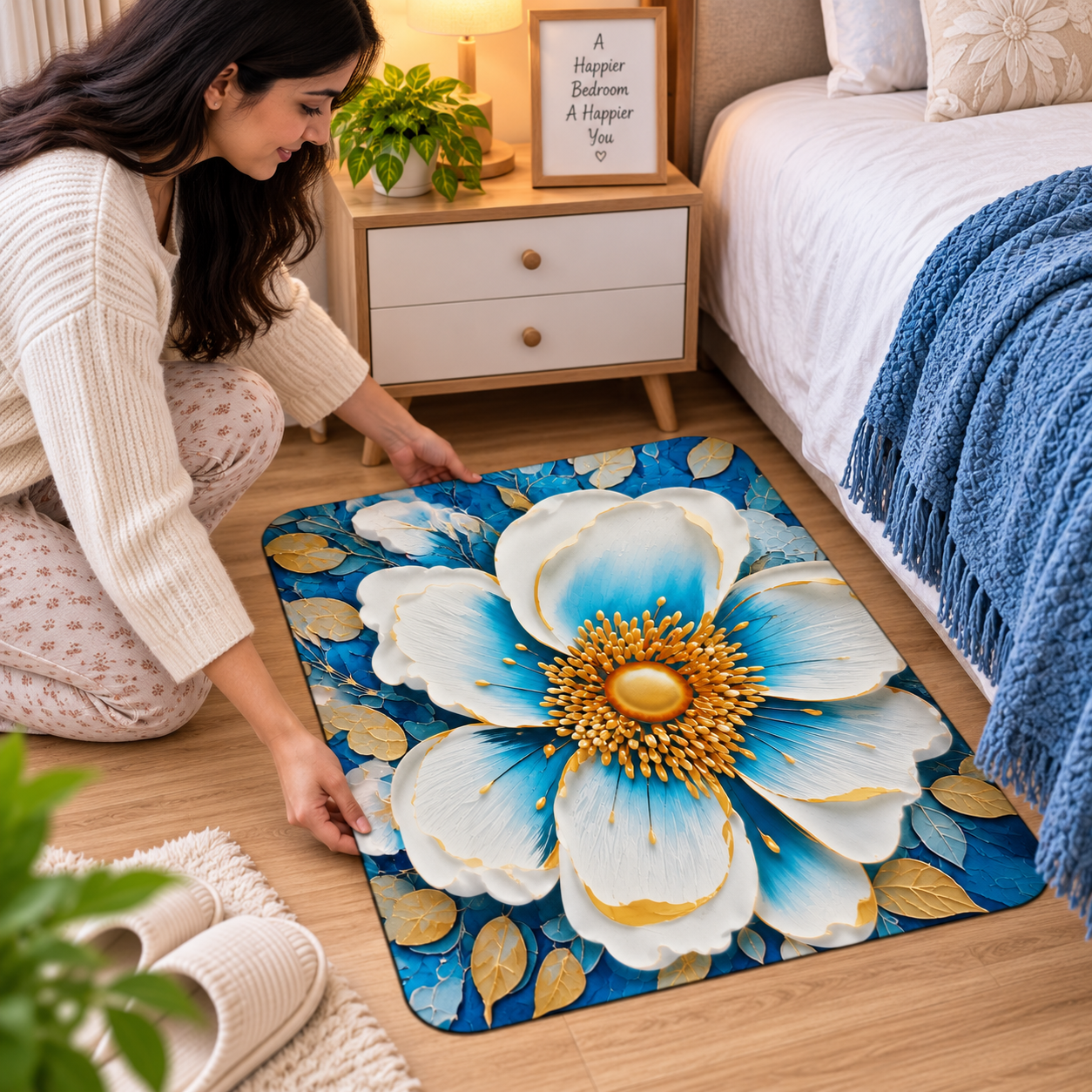 Blue Floral Bathroom Mat – Stylish Printed Floor Mat for Modern Home Decor