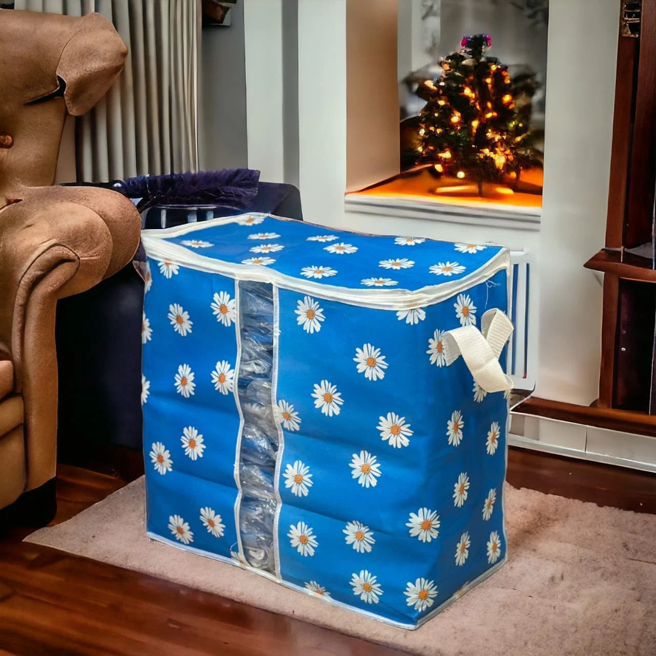 Blue Floral Storage Bag – Ideal for Clothes, Blankets, Quilts & Bedding