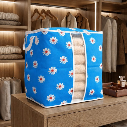 Blue Floral Storage Bag – Ideal for Clothes, Blankets, Quilts & Bedding