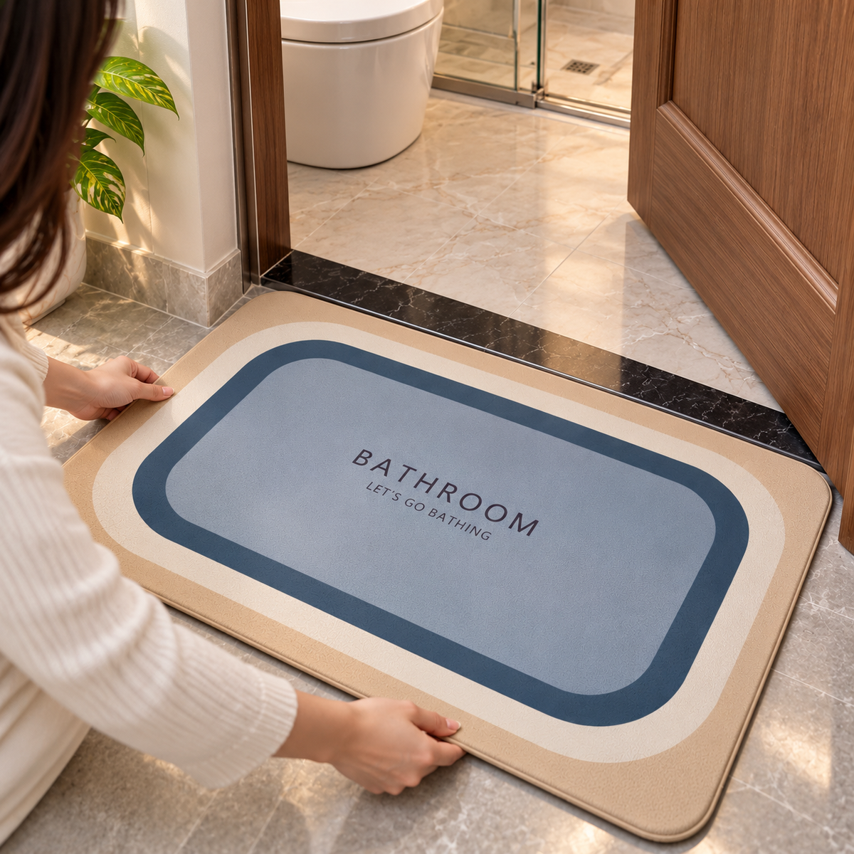 Blue & Grey Bathroom Mat Modern Bath Floor Rug (22x15Inch)