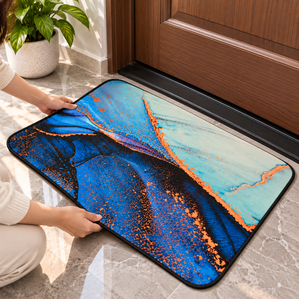 Blue Marble Pattern Floor Mat Decorative Entrance Rug (22x15Inch)
