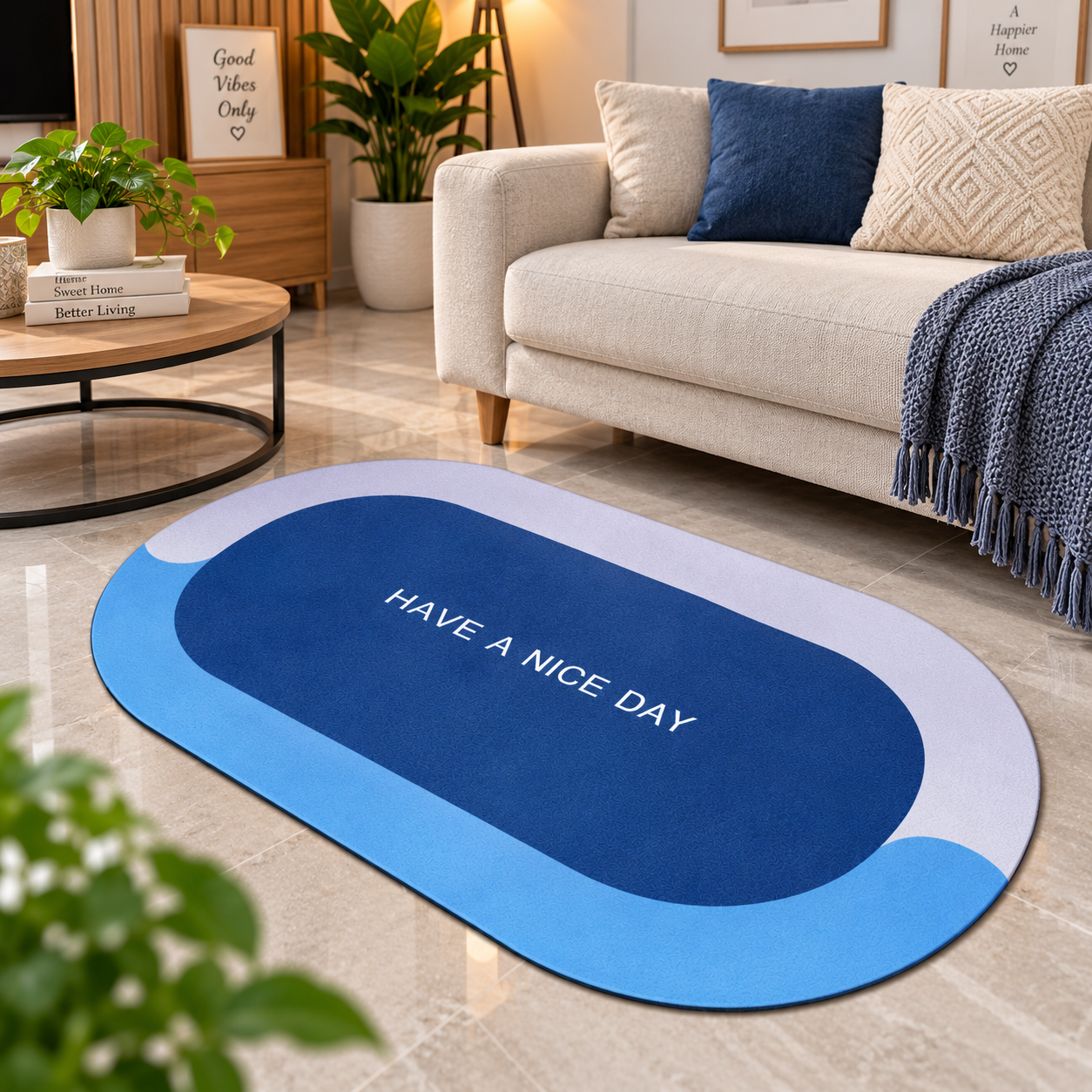 Blue Printed Floor Mat – Stylish Cushioned Mat for Bathroom & Home Decor
