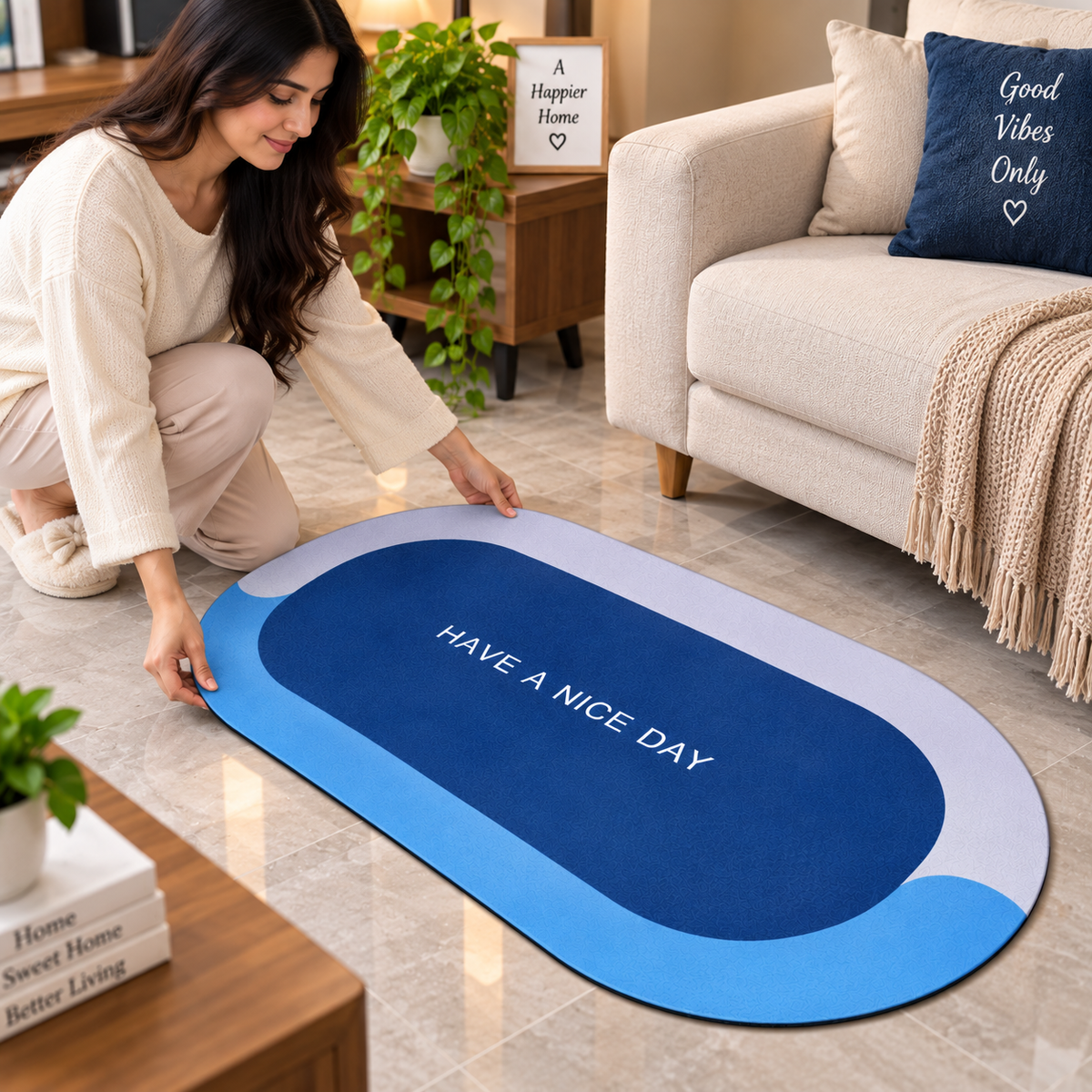 Blue Printed Floor Mat – Stylish Cushioned Mat for Bathroom & Home Decor
