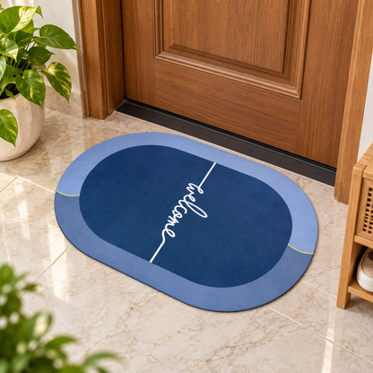 Blue Welcome Bathroom Mat – Modern Anti-Slip Floor Mat for Home Entrance