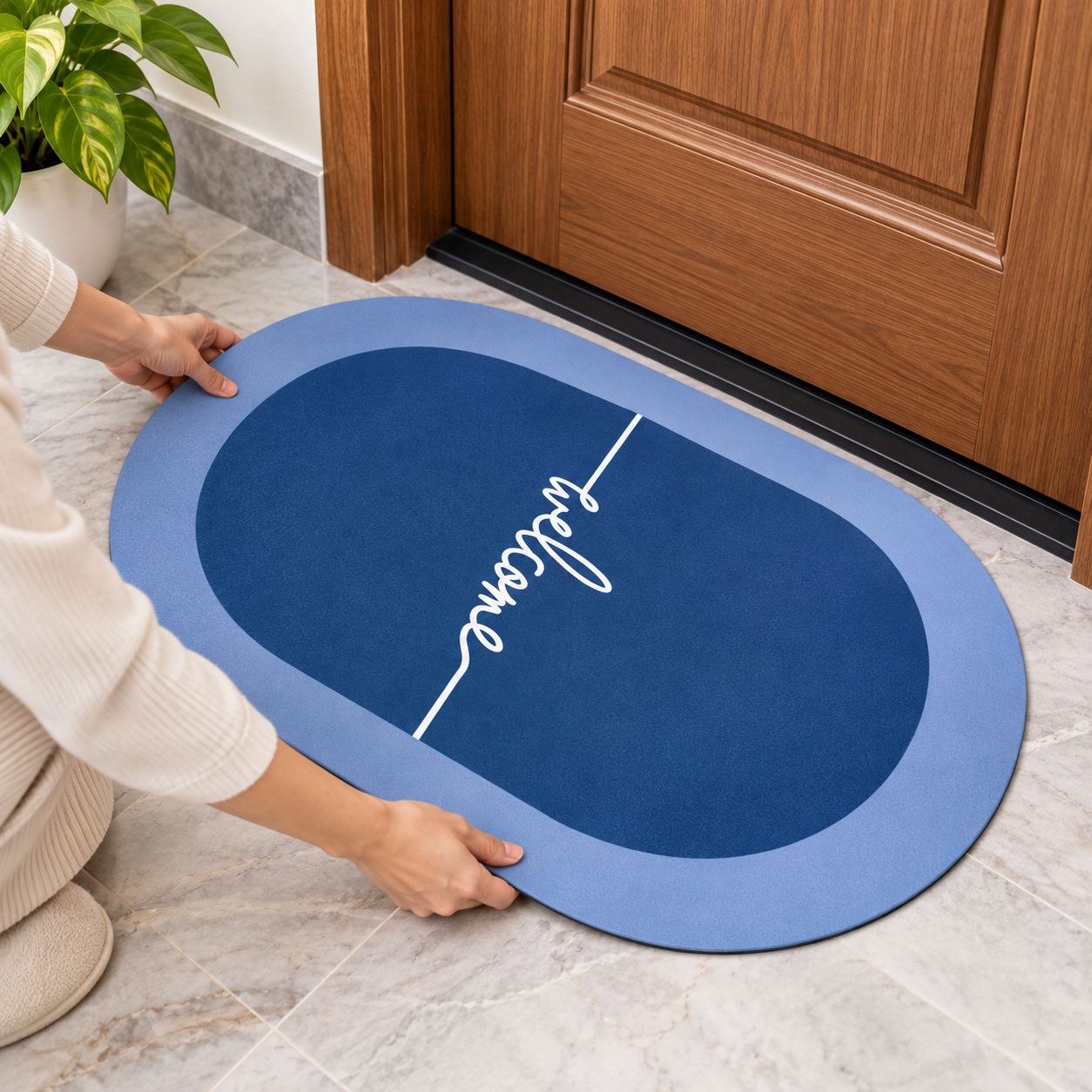 Blue Welcome Bathroom Mat – Modern Anti-Slip Floor Mat for Home Entrance