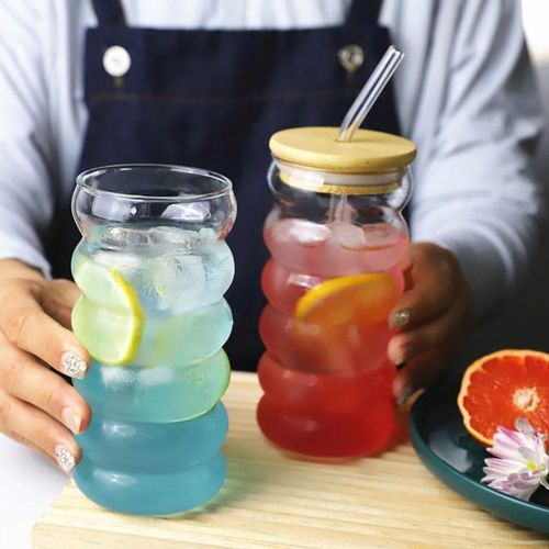 Borosilicate-Style Wavy Glass Tumbler – Bamboo Lid with Glass Straw