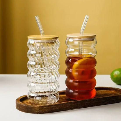 Borosilicate-Style Wavy Glass Tumbler – Bamboo Lid with Glass Straw