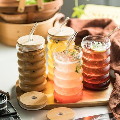 Borosilicate-Style Wavy Glass Tumbler – Bamboo Lid with Glass Straw