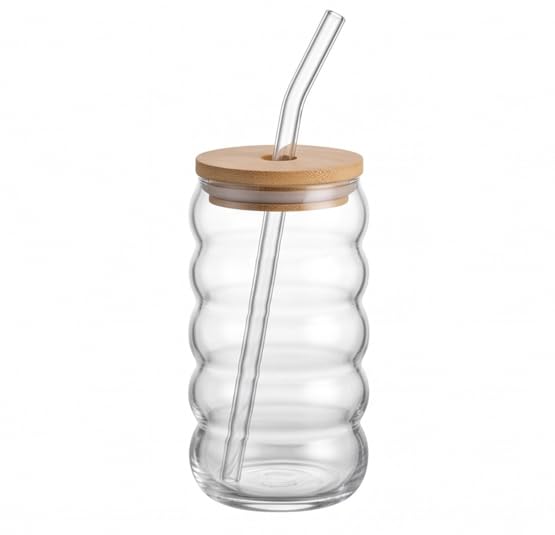 Borosilicate-Style Wavy Glass Tumbler – Bamboo Lid with Glass Straw