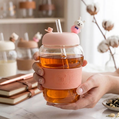 Borosilicate Glass Sipper 400ML – Cute Bear Lid, Glass Straw & Silicone Cover