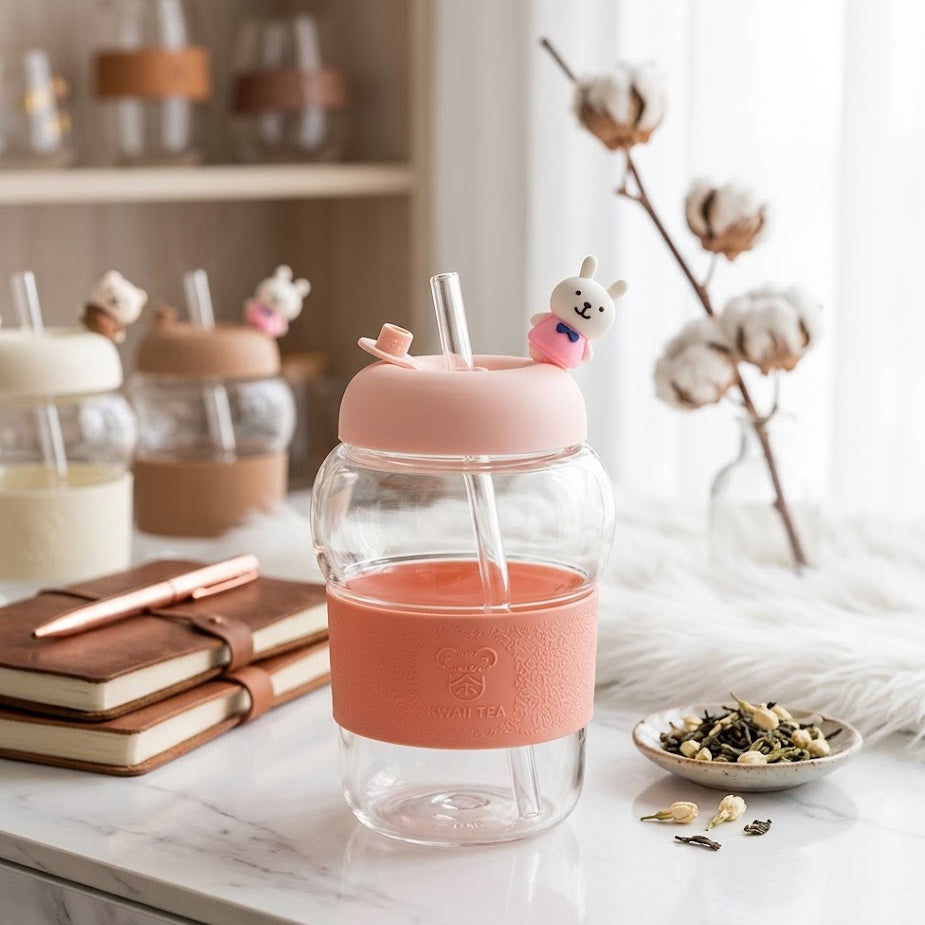 Borosilicate Glass Sipper 400ML – Cute Bear Lid, Glass Straw & Silicone Cover