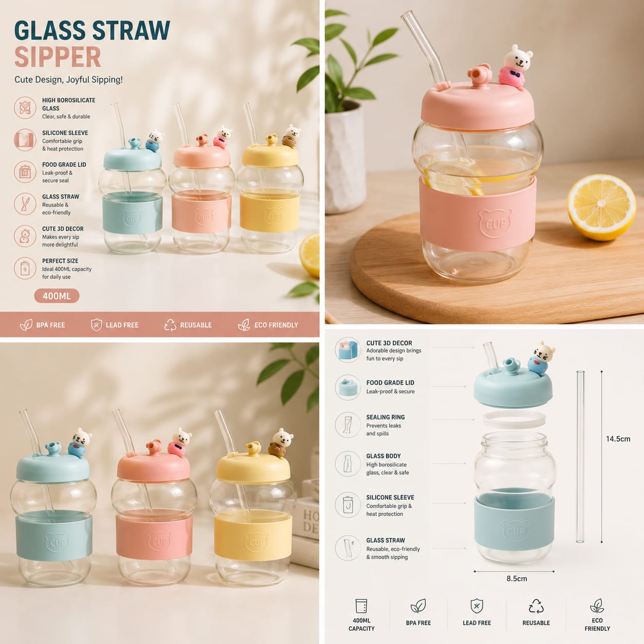 Borosilicate Glass Sipper 400ML – Cute Bear Lid, Glass Straw & Silicone Cover