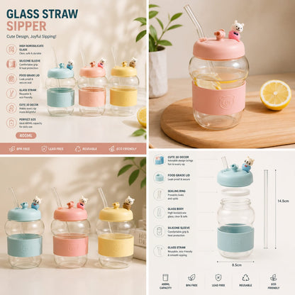 Borosilicate Glass Sipper 400ML – Cute Bear Lid, Glass Straw & Silicone Cover