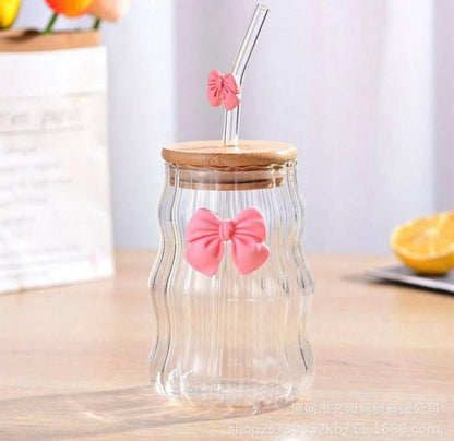Bow Glass with Straw & Lid – Aesthetic Drinkware, Home and Living 