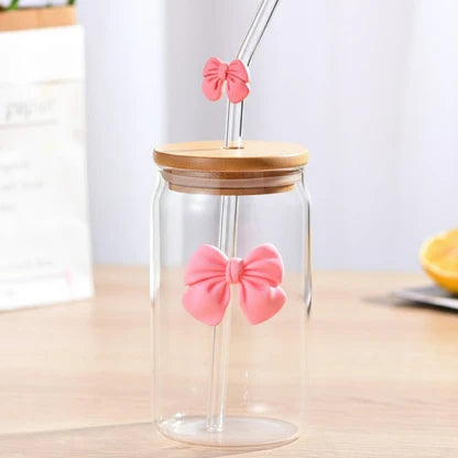 Reusable Glass Tumbler with Bamboo Lid & Pink Bow Glass Straw