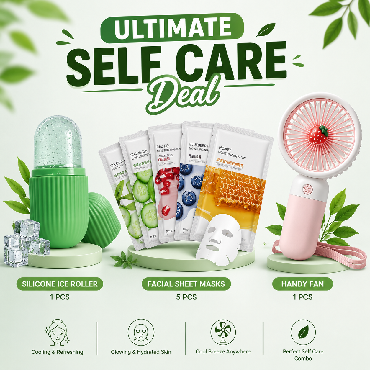 3 In 1 Summer Refreshing Deal ( Handy Fan + Silicone Ice Roller + 5 Sheet )