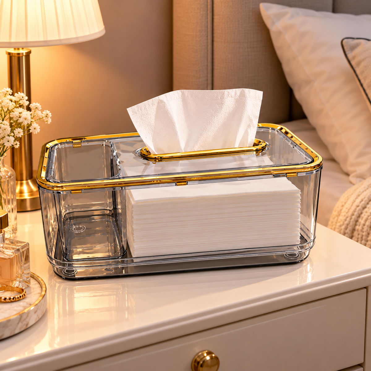 Clear Tissue Dispenser Box – Modern Tabletop Organizer with Lid